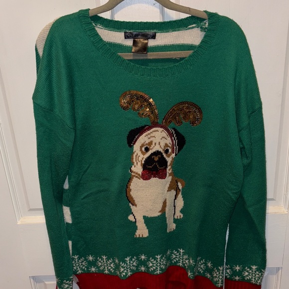 United States Sweater Pug -Green Sweater with Festive Dog Design. Size L - Picture 1 of 4